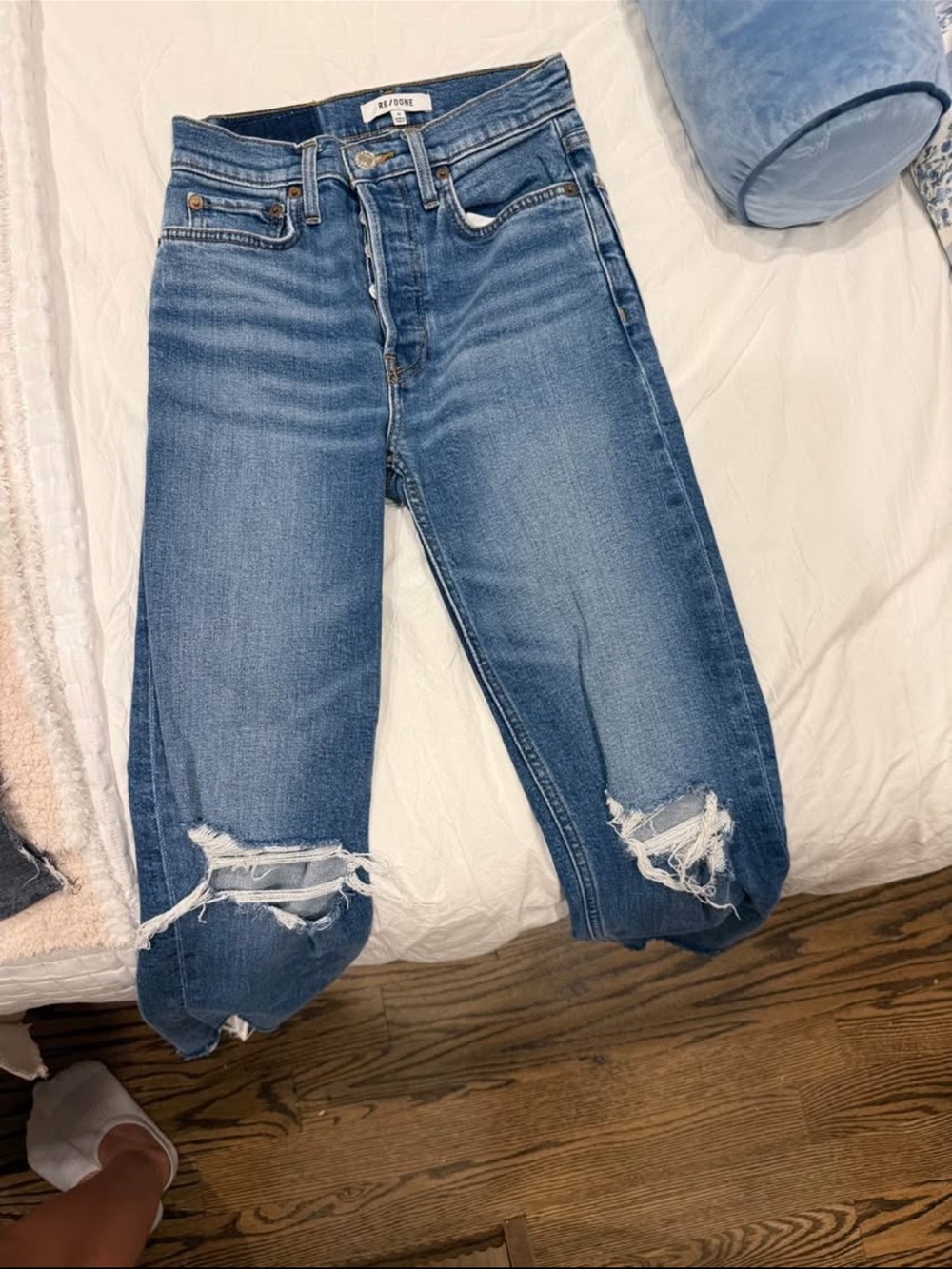 Re/Done Distressed Boyfriend Jeans in Medium Blue Denim